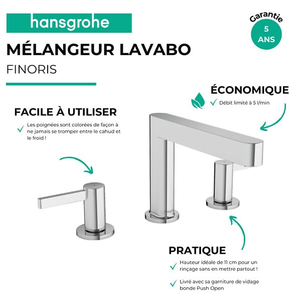 HANSGROHE - Mélangeur de lavabo 3 trous 110, bonde Push-Open Finoris chromé - large