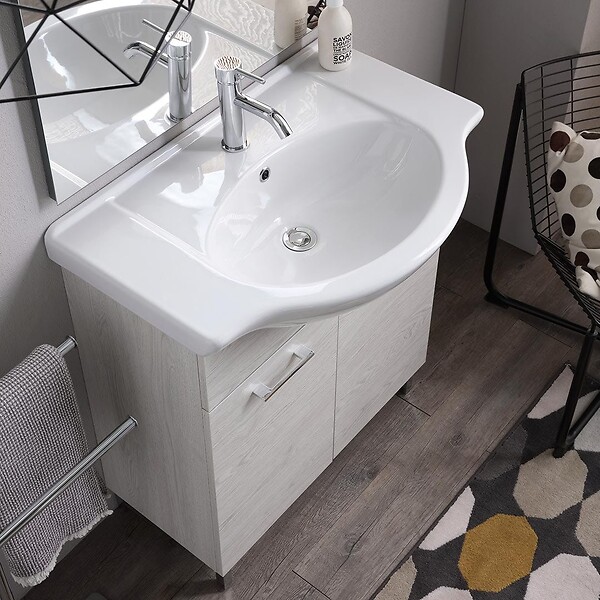 KIAMAMI VALENTINA - Meuble De Salle De Bains Au Sol 75Cm Chêne Blanc Effet Bois Avec Miroir Et Lampe | Rimini - large