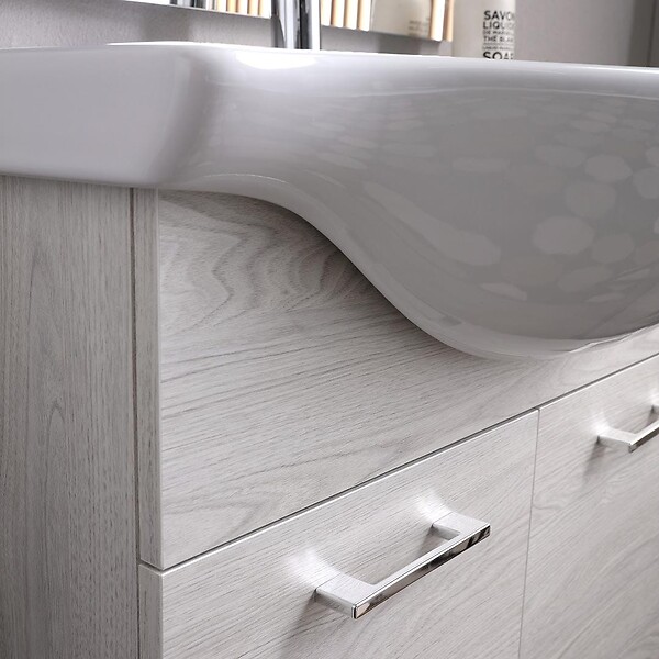 KIAMAMI VALENTINA - Meuble De Salle De Bains Au Sol 75Cm Chêne Blanc Effet Bois Avec Miroir Et Lampe | Rimini - large