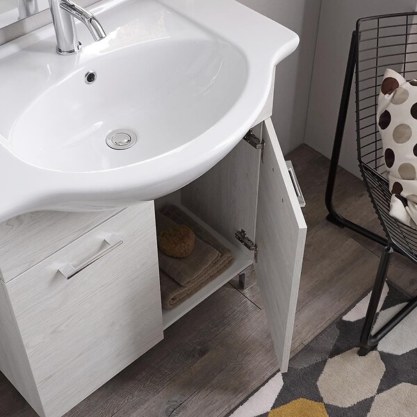 KIAMAMI VALENTINA - Meuble De Salle De Bains Au Sol 75Cm Chêne Blanc Effet Bois Avec Miroir Et Lampe | Rimini - large