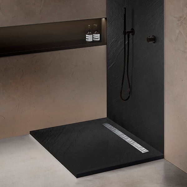 MARMOX - Receveur pierre naturelle graphite noir U-Tile grille caniveau excentrée - large