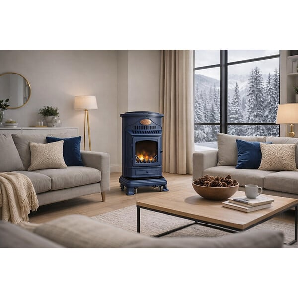 SAHARA - Poêle à gaz 3,4KW Fonte Véritable – Chauffage d'appoint Design Bleu Saphir Mat - Effet feu de bois, sur roues Provence Sahara - large