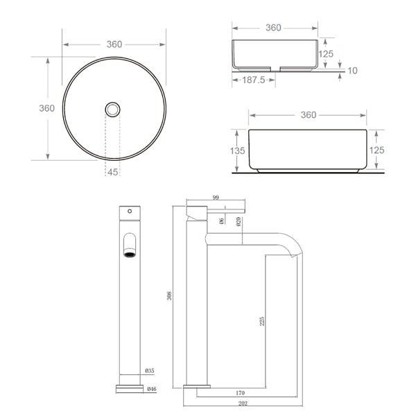 CERAMIA - Ceramia Aurum mitigeur lavabo 30,8 cm inox + Ceramia PixL 36x12,5 cm vasque à poser, sans trop-plein, blanc brillant (SAT285BGCEPX3636) - large