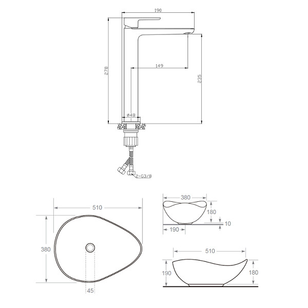 CERAMIA - Ceramia PixL 51x38x19 cm vasque à poser + Swiss Aqua Technologies Mood mitigeur lavabo XL + Ceramia PixL bonde (CEPX505MOMSAT285C) - large