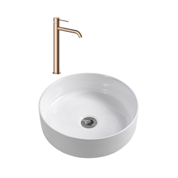 CERAMIA - Ceramia Aurum mitigeur lavabo inox, or rose + Ceramia PixL 36x12,5 cm vasque à poser, sans trop-plein, blanc (SAT285BRGCEPX3636) - large