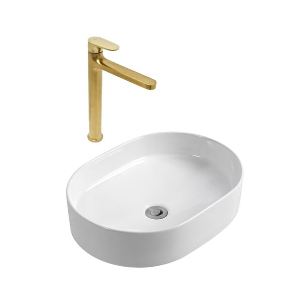 CERAMIA - Ceramia DARK mitigeur lavabo XL, or brossé + Ceramia PixL 50x36,5x12 cm vasque à poser, sans trop-plein, blanc (SAT285PBZCEPX5037) - large