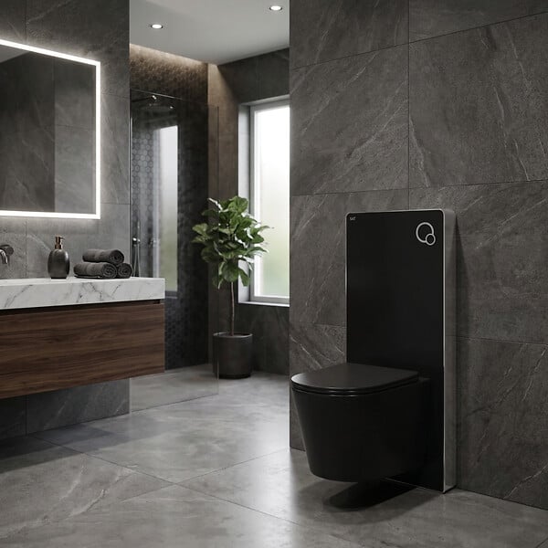 SWISS AQUA TECHNOLOGIES - Glass pack WC bâti-support avec plaque de commande + WC suspendu Ceramia sans bride avec abattant SoftClose (STGLBCE14BMT01-FR) - large