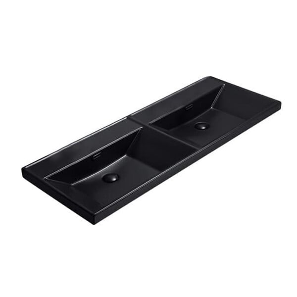SWISS AQUA TECHNOLOGIES - Swiss Aqua Technologies B-Way 120,5x46 cm meuble double vasque en céramique, 2 trous de robinetterie au milieu, trop-plein, noir mat (SATBW212046BKM) - large
