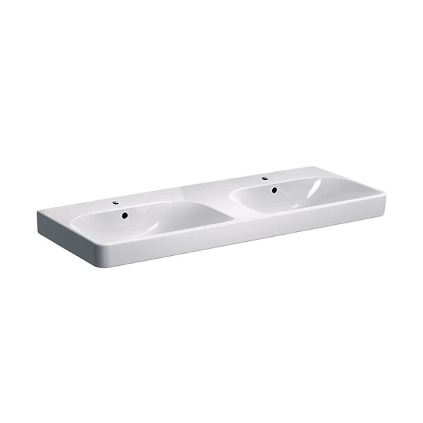 GEBERIT - Geberit Smyle Square 120x48x16,5 cm lavabo double vasque céramique, 2 trous de robinetterie au milieu, trop-plein, blanc (500.223.01.1) - large
