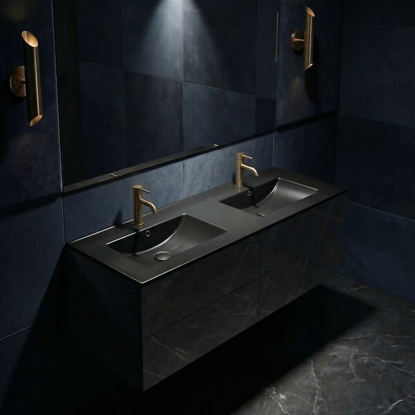 NATUREL - Naturel Lavabo double Modena noir mat 121×46×17,5 cm pour meuble 120 cm en céramique – 2 trous, avec trop-plein (M12046BKM) (M12046BKM) - large