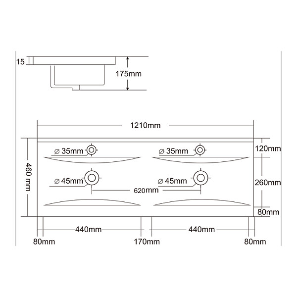 NATUREL - Naturel Lavabo double Modena noir mat 121×46×17,5 cm pour meuble 120 cm en céramique – 2 trous, avec trop-plein (M12046BKM) (M12046BKM) - large