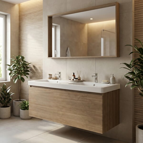 NATUREL - Naturel Lavabo double Pavia en marbre coulé blanc 120×49×5 cm – 2 trous pour la robinetterie, avec trop-plein (PA12049) - large