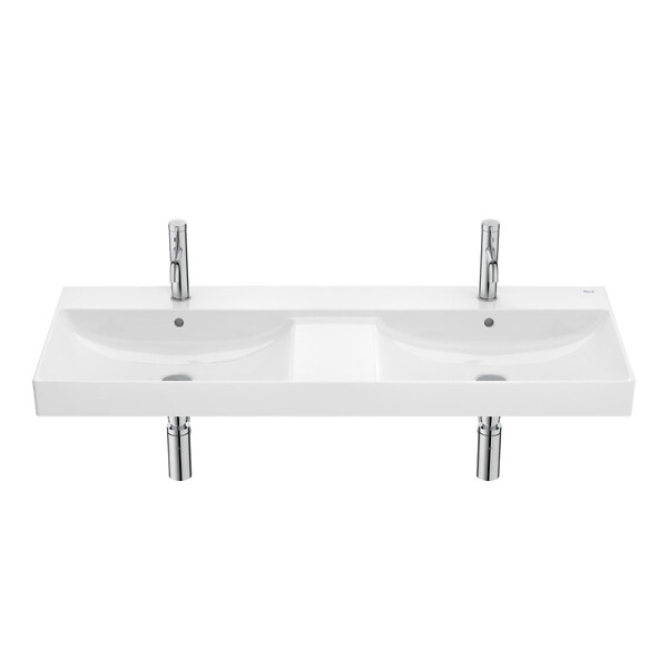ROCA - Roca Ona 120x46x16 cm lavabo suspendu double vasque en céramique, 2 trous de robinetterie au milieu, trop-plein, blanc (A32768B000) - large