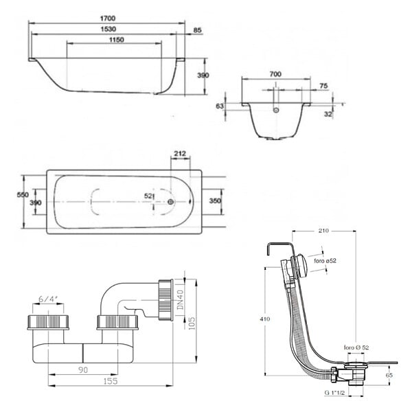 KALDEWEI - Eurowa 170x70x39 cm baignoire rectangulaire 178 L en acier émaillé + pieds + vidage + siphon, blanc alpin (KW312-SETP6) - large
