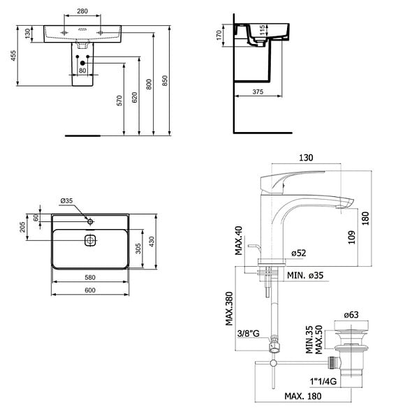 IDEAL STANDARD - Strada II lavabo 600x430 mm 1 trou + Swiss Aqua Technologies Project mitigeur monocommande avec tirette (T300001SATBSPRO275) - large