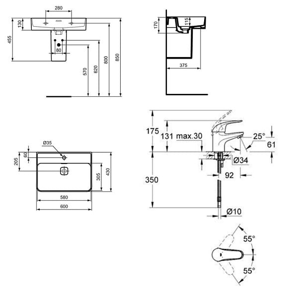IDEAL STANDARD - Ideal Standard Strada II lavabo 600x430 mm 1 trou + Grohe Euroeco mitigeur monocommande lavabo 1/2", chrome (T300001G32734000) - large