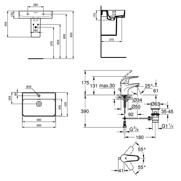 IDEAL STANDARD - Ideal Standard Strada II lavabo 600x430 mm 1 trou + Grohe Swift mitigeur de lavabo taille S, chrome (T300001G23919000) - large