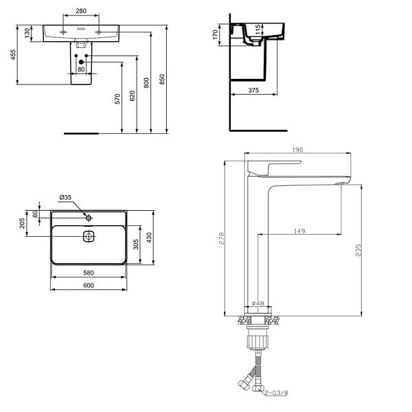 IDEAL STANDARD - Ideal Standard Strada II lavabo 600x430 mm 1 trou + Swiss Aqua Technologies Mood mitigeur lavabo XL sans tirette, chrome (T300001SATBSM285) - large