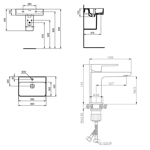 IDEAL STANDARD - Ideal Standard Strada II lavabo 600x430 mm 1 trou + Swiss Aqua Technologies Mood mitigeur lavabo sans tirette, chrome (T300001SATBSM271) - large