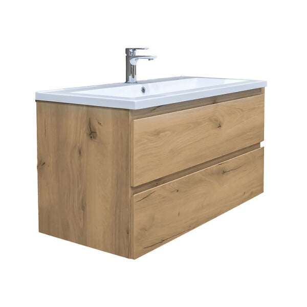 SWISS AQUA TECHNOLOGIES - Meuble salle de bain suspendu 99 x 50 x 45 cm – 2 tiroirs – lavabo en marbre coulé – chêne mat – B-Way (BWAY2100OAKU) - large