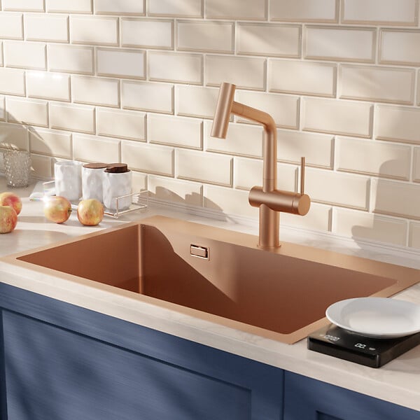 CERAMIA - Timeless 68x45x21 cm évier encastrable en inox 304 + mitigeur inox avec douchette extractible, cuivre brossé (TMLKST-6845BCP-M1) - large