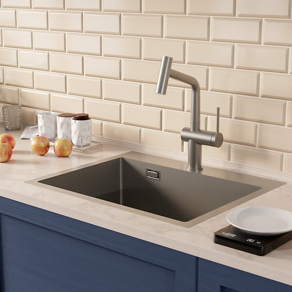 CERAMIA - Timeless 55x45x21 cm �vier encastrable inox 304 + mitigeur inox avec douchette extractible, gun metal bross� (TMLKST-5545BGM-M1) - large