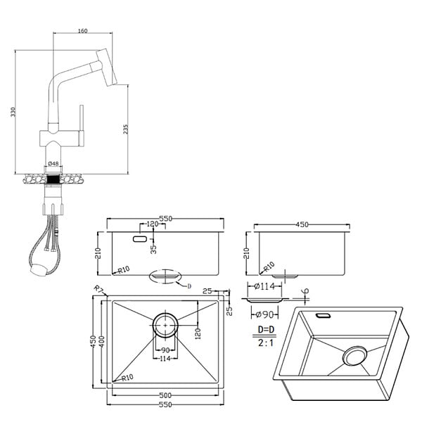 CERAMIA - Timeless 55x45x21 cm évier sous plan en inox 304, 1 bac + mitigeur inox avec douchette extractible, or brossé (TMLKSU-5545BG-M1) - large