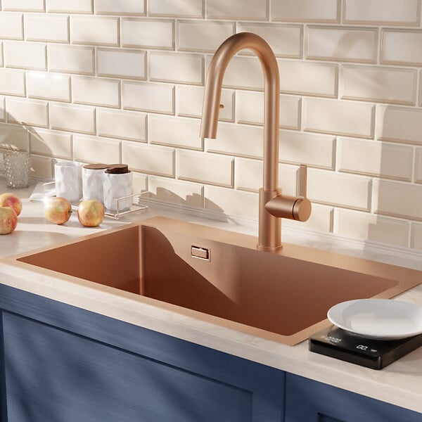 CERAMIA - Timeless 68x45x21 cm évier encastrable en inox 304 + mitigeur inox avec douchette extractible, cuivre brossé (TMLKST-6845BCP-M2) - large