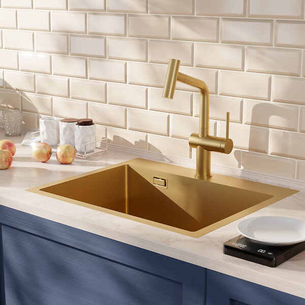CERAMIA - Timeless 55x45x21 cm évier encastrable en inox 304 + mitigeur inox avec douchette extractible, or brossé (TMLKST-5545BG-M1) - large