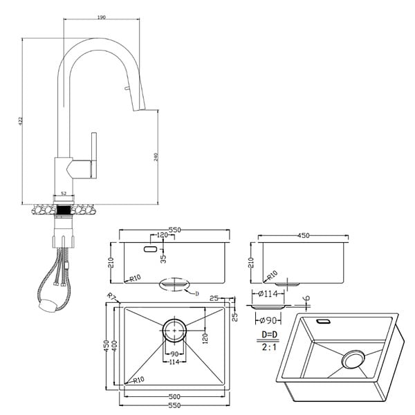 CERAMIA - Timeless 55x45x21 cm évier sous plan en inox 304 + mitigeur inox avec douchette extractible, or brossé (TMLKSU-5545BG-M2) - large