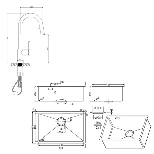 CERAMIA - Timeless 68x45x21 cm évier sous plan inox 304 + mitigeur inox avec douchette extractible, gun metal brossé (TMLKSU-6845BGM-M2) - large