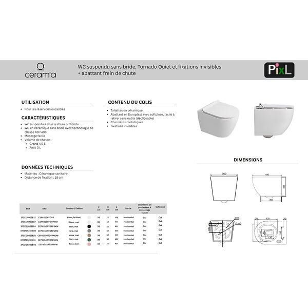 GEBERIT - Duofix Pack WC bâti-support + WC suspendu sans bride Ceramia PixL avec abattant SoftClose + plaque (GEBCEPXBMT02-FR) - large