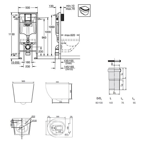 GROHE - Rapid SL pack WC bâti-support + WC suspendu sans bride Ceramia PixL avec abattant SoftClose + plaque (GRRCEPXBMT02FR-FS) - large