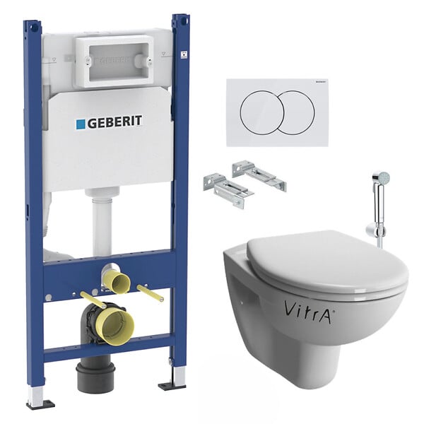 GEBERIT - Geberit + Vitra Pack WC Bati Duofix + WC suspendu  Vitra Normus + Abattant softclose + Douchette bidet + Plaque blanche - large