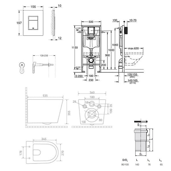 GROHE - Rapid SL Pack WC bâti-support + WC suspendu sans bride avec abattant SoftClose Ceramia + plaque (GRRCE14WT01MAN-FR) - large
