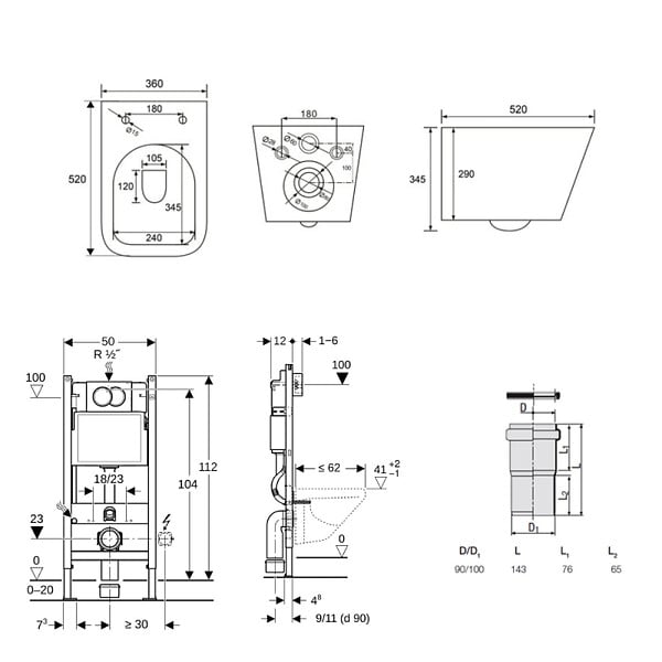 GEBERIT - Delta pack WC bâti 112cm + WC suspendu sans bride Swiss Aqua Technologies avec abattant SoftClose + plaque (GEBSTINFWR01MAN-FR) - large