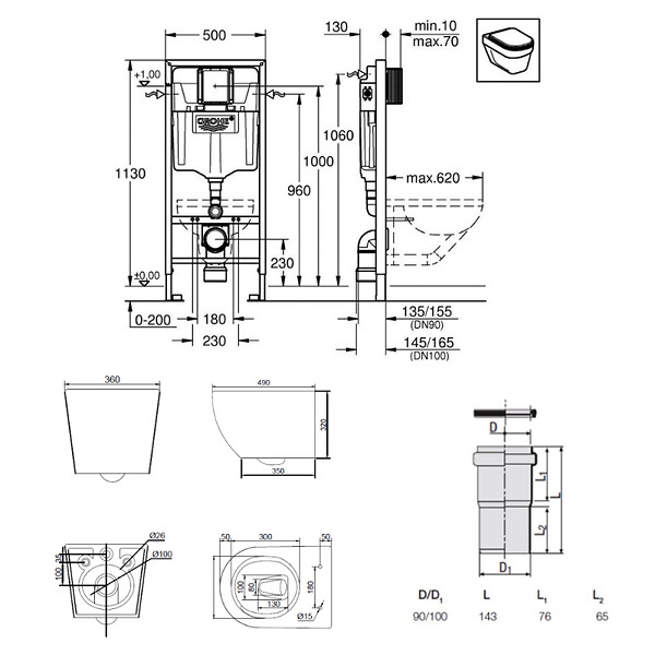 GROHE - Rapid SL pack WC bâti-support + WC suspendu Ceramia PixL + abattant SoftClose + set d'isolation + plaque noir (GRCEPXWT02-FR) - large