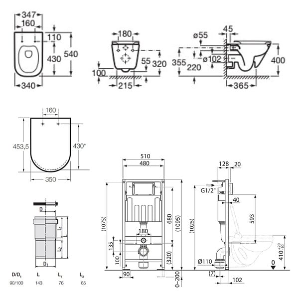 VILLEROY & BOCH - Pack WC bâti-support sol-mur + WC suspendu sans bride Roca avec abattant SoftClose + plaque (VBROGAWR03-FR) - large