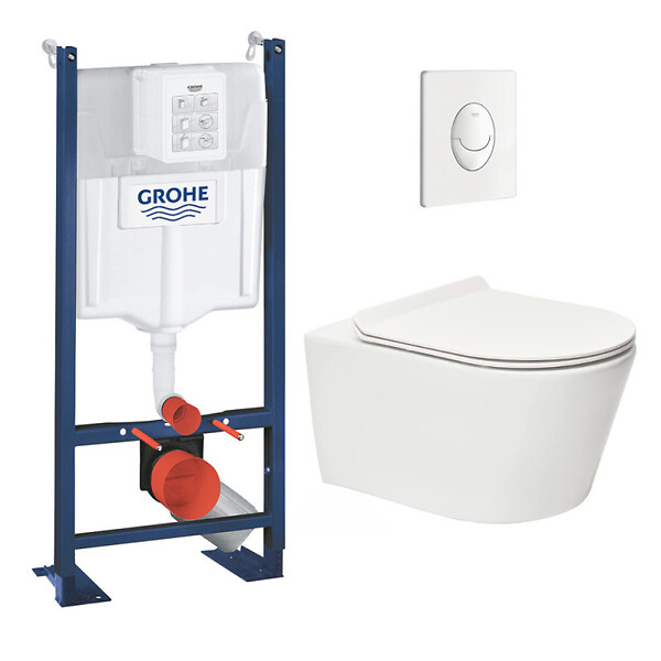 GROHE - Pack WC Rapid SL autoportant + WC sans bride SAT Brevis + Abattant ultra-fin SoftClose + Plaque blanche (ProjectBrevis-3-SP) - large