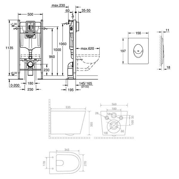 GROHE - Rapid SL pack WC bâti-support autoportant + WC suspendu sans bride Ceramia avec abattant SoftClose + plaque (GRRCE14WT02FR-FS) - large