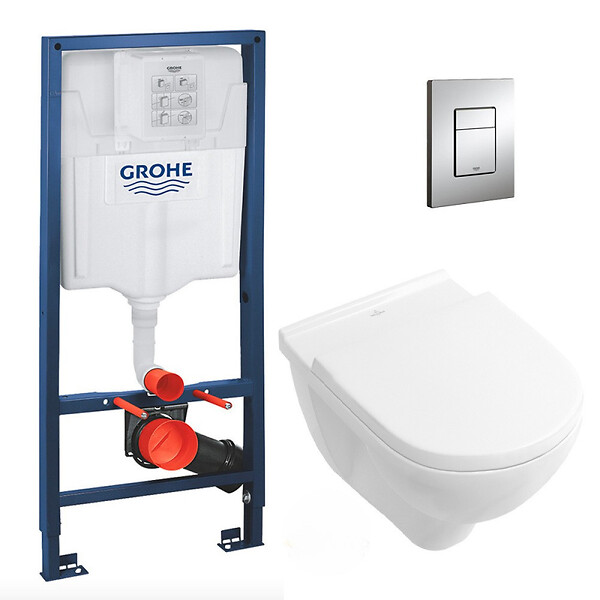 GROHE - Pack WC Bâti-support + Cuvette à fond creux sans bride O.novo + abattant softclose + Plaque Chrome - large