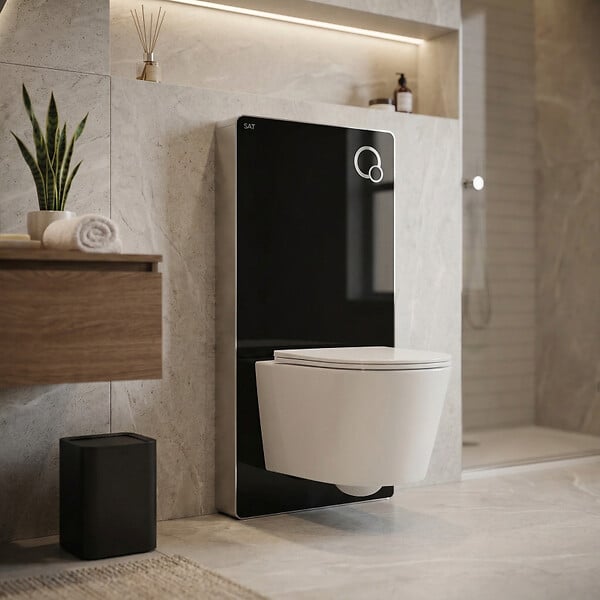 SWISS AQUA TECHNOLOGIES - Glass pack WC bâti-support avec plaque de commande + WC suspendu Ceramia sans bride avec abattant SoftClose (STGLBCE14WT01-FR) - large