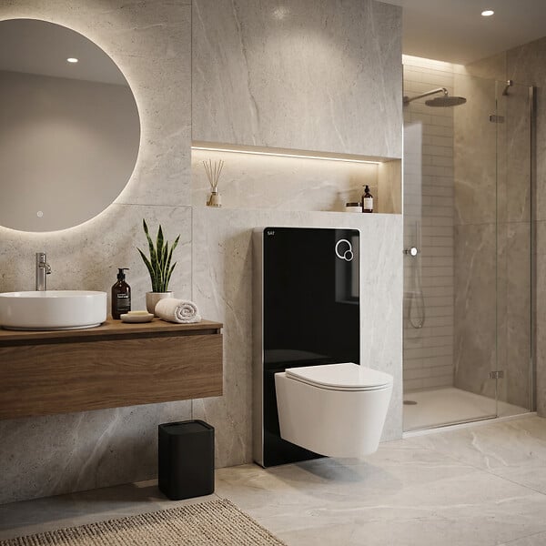 SWISS AQUA TECHNOLOGIES - Glass pack WC bâti-support avec plaque de commande + WC suspendu Ceramia sans bride avec abattant SoftClose (STGLBCE14WT01-FR) - large