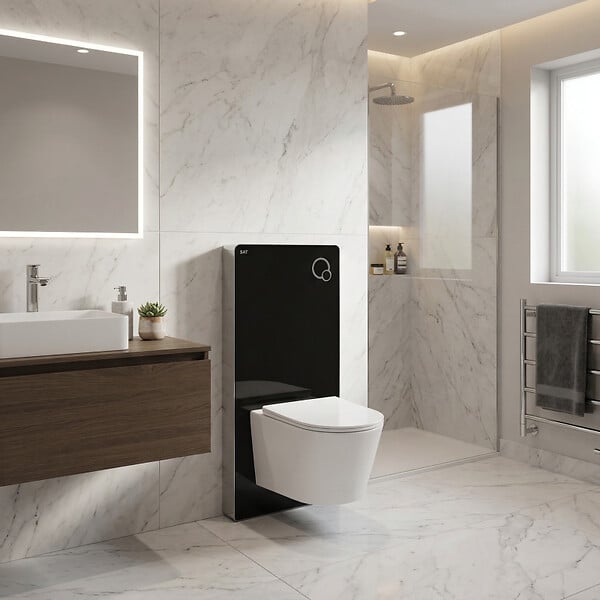 SWISS AQUA TECHNOLOGIES - Glass pack WC bâti-support avec plaque de commande + WC suspendu Ceramia sans bride avec abattant SoftClose (STGLBCE14WT01-FR) - large