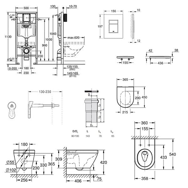 GROHE - Rapid SL pack WC bâti-support + WC suspendu sans bride Grohe avec abattant SoftClose + plaque (GRGRWR04-FR) - large