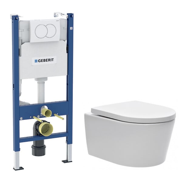 GEBERIT - Duofix Pack WC bâti 112 cm + WC suspendu sans bride avec abattant SoftClose Swiss Aqua Technologies + plaque (GEBSTBRWR01MAN-FR) - large