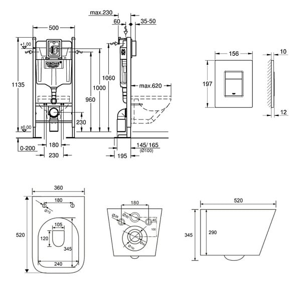 GROHE - Rapid SL pack WC bâti autoportant + WC suspendu sans bride Swiss Aqua Technologies + abattant + plaque (GRRSTINFWR02MAN-FR) - large