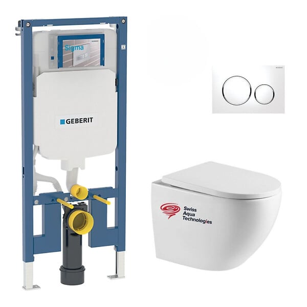 GEBERIT - Pack WC Bati-support Geberit extra-plat + WC sans bride Swiss Aqua Technologies+ Plaque - large