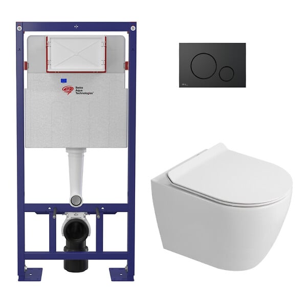 SWISS AQUA TECHNOLOGIES - Pack WC bâti-support autoportant + WC sans bride Ceramia PixL avec abattant SoftClose + plaque noir (STCEPXWT01-U) - large