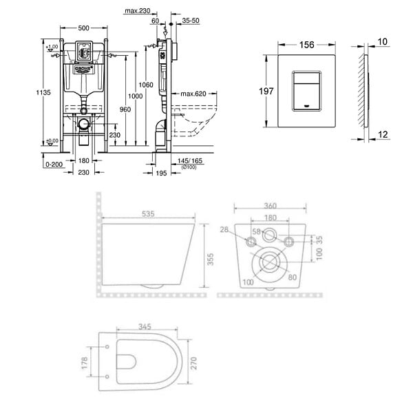 GROHE - Rapid SL pack WC bâti autoportant + WC suspendu sans bride Ceramia avec abattant SoftClose + plaque (GRRCE14BMT02MAN-FR) - large